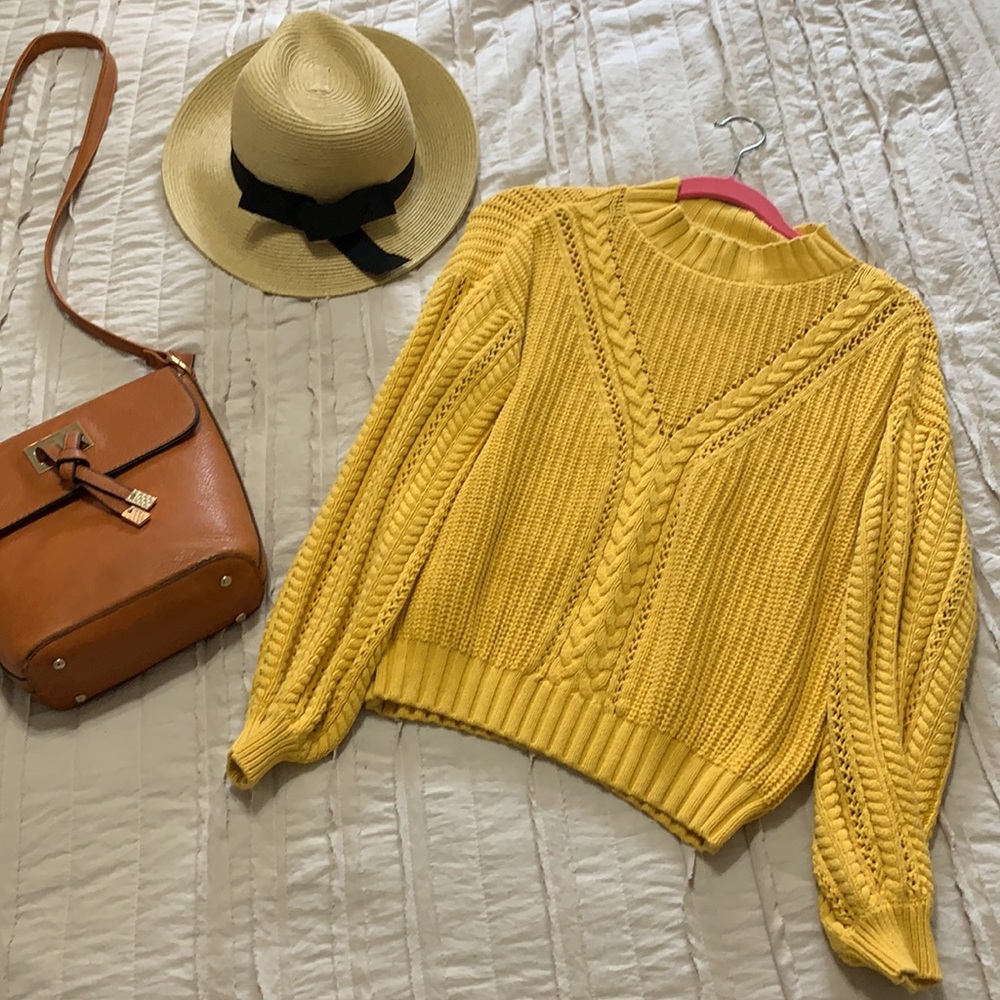 Trendy Boho Chic Balloon Sleeve Knit Mock Turtleneck Sweater